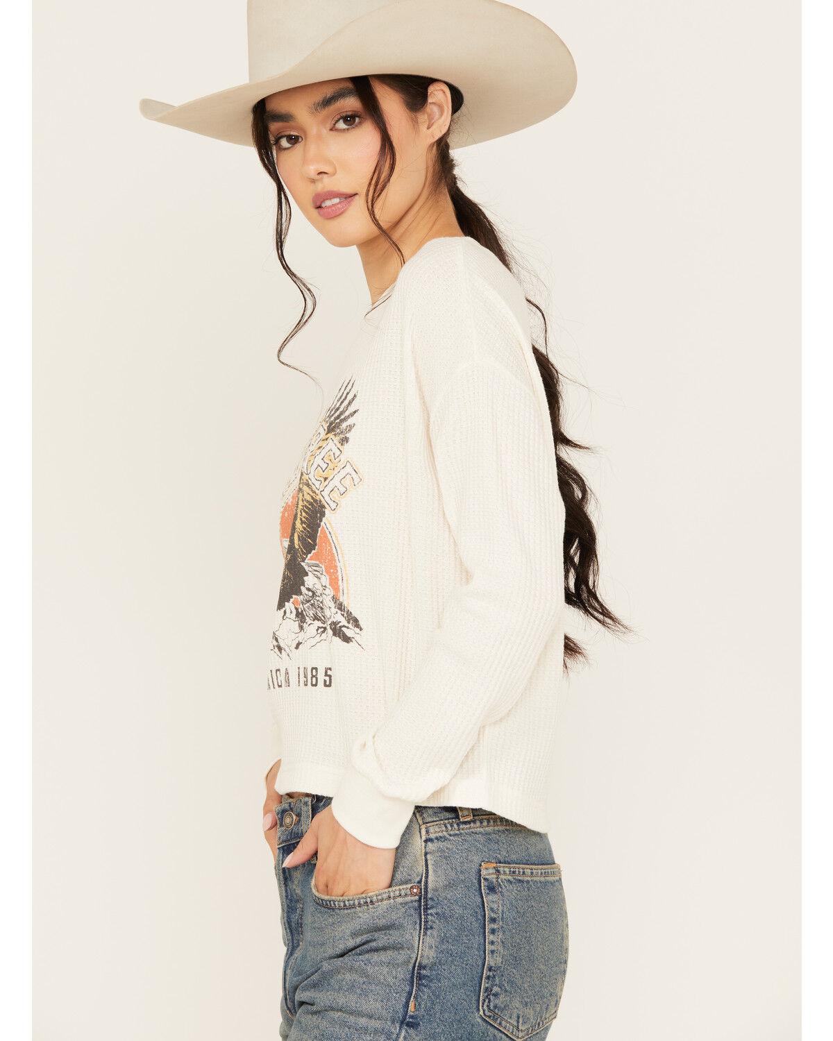 Image #2 - White Crow Women's American Eagle Long Sleeve Graphic Waffle Tee, White, hi-res