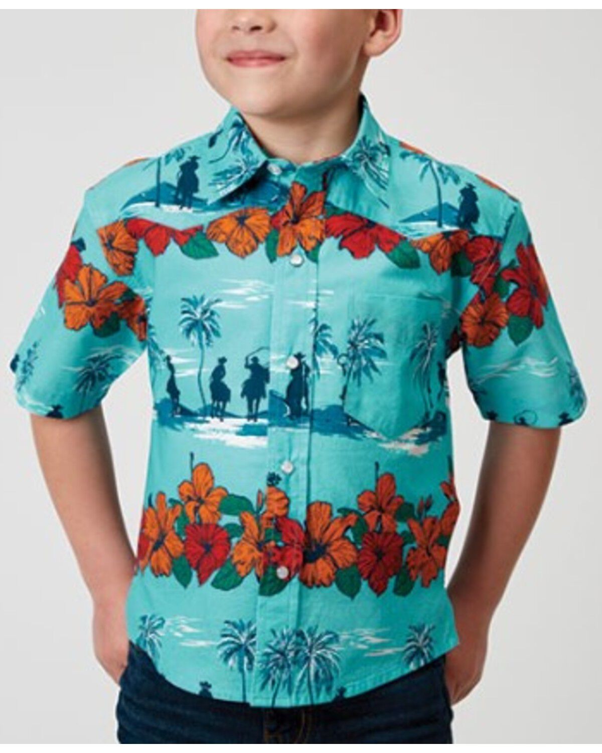 Image #1 - Roper Boys' Cowboy Floral Print Short Sleeve Snap Western Shirt, Blue, hi-res