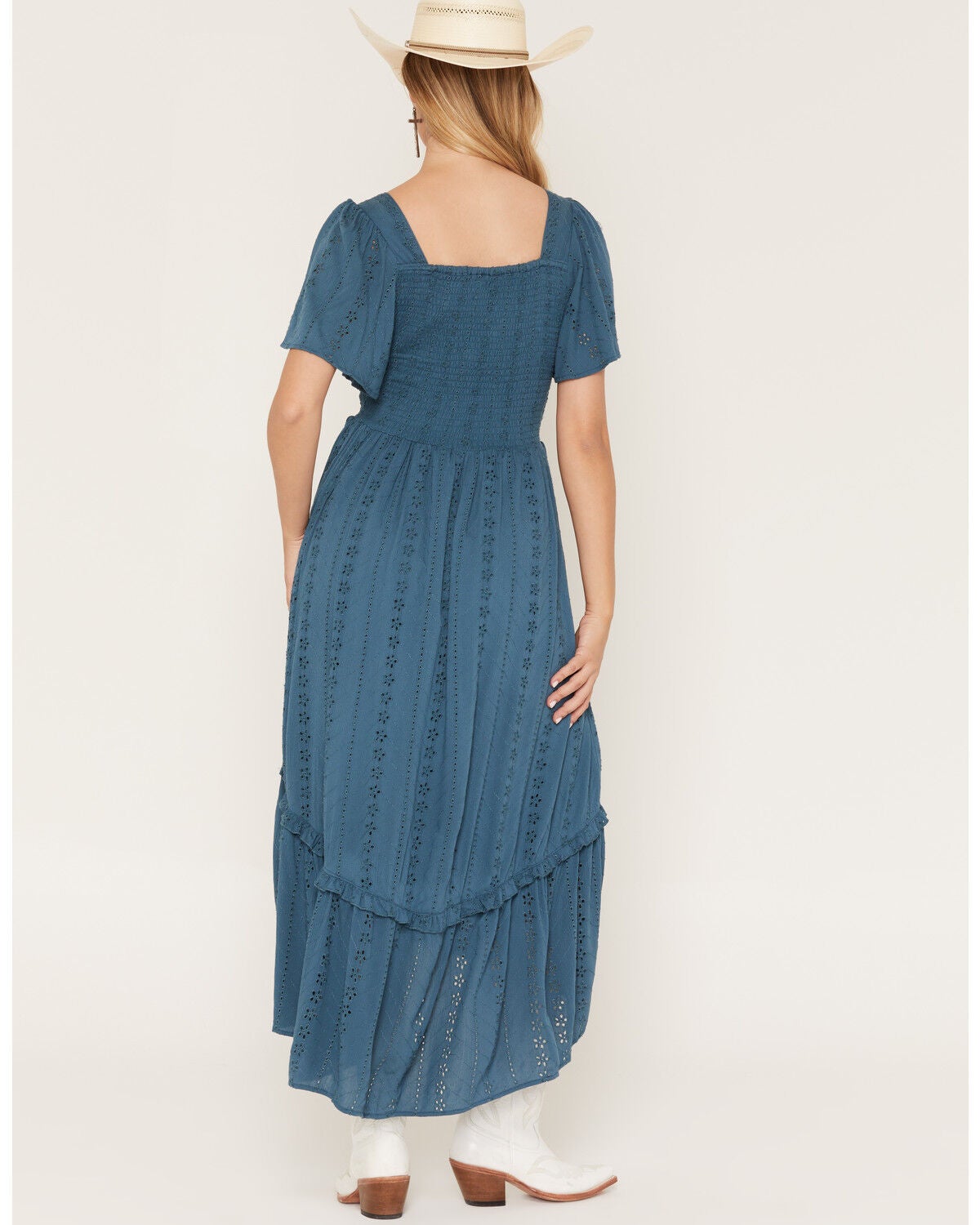Image #4 - Angie Women's Eyelet Knot Front Short Sleeve Midi Dress, Teal, hi-res