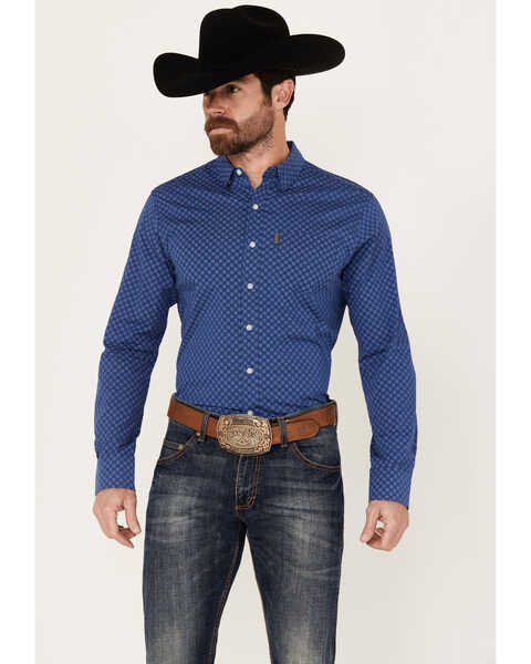 Ariat Men's Maxwell Geo Print Long Sleeve Button-Down Stretch Western Shirt , Blue, hi-res