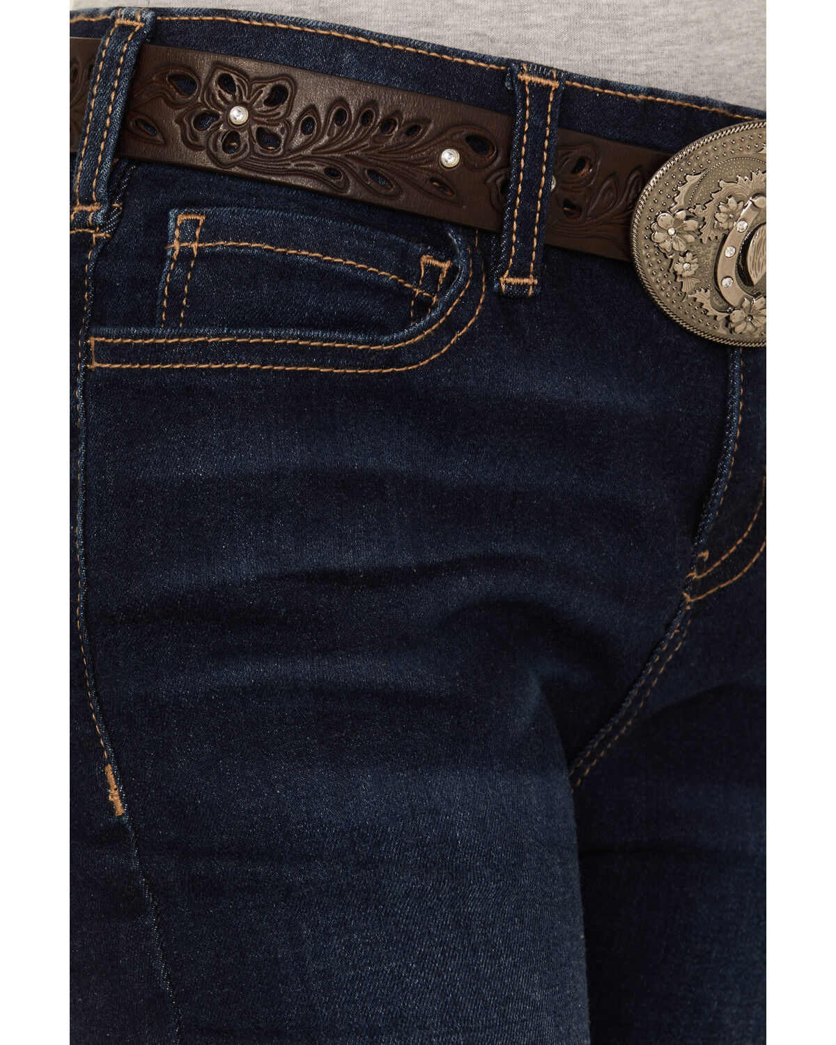 Image #2 - Shyanne Girls' Lacey Dark Wash Lace Inset Flare Stretch Denim Jeans, Dark Wash, hi-res