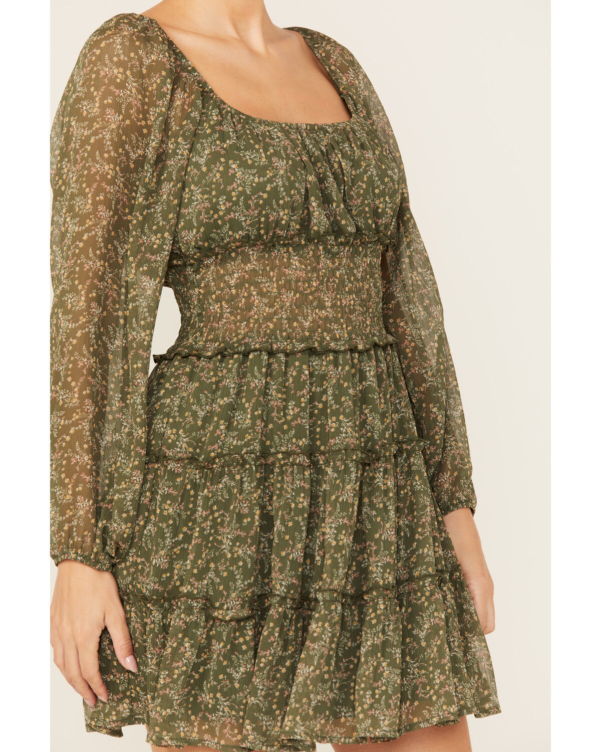 Image #3 - Ash & Violet Women's Floral Print Long Sleeve Mini Dress, Olive, hi-res