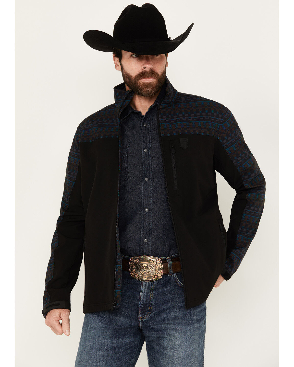 Image #1 - RANK 45® Men's Southwestern Block Print Softshell Jacket - Big, Black, hi-res