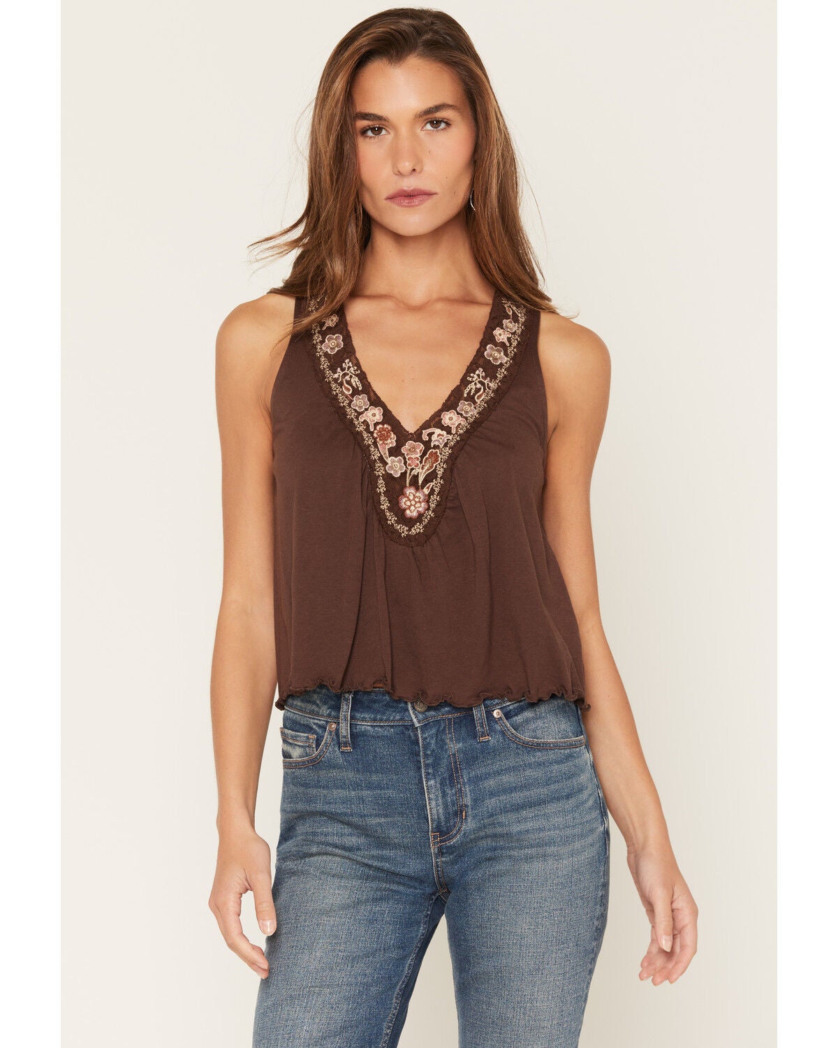 Shyanne Women's Evers Floral Embroidered Sleeveless Tank Top, Dark Brown, hi-res