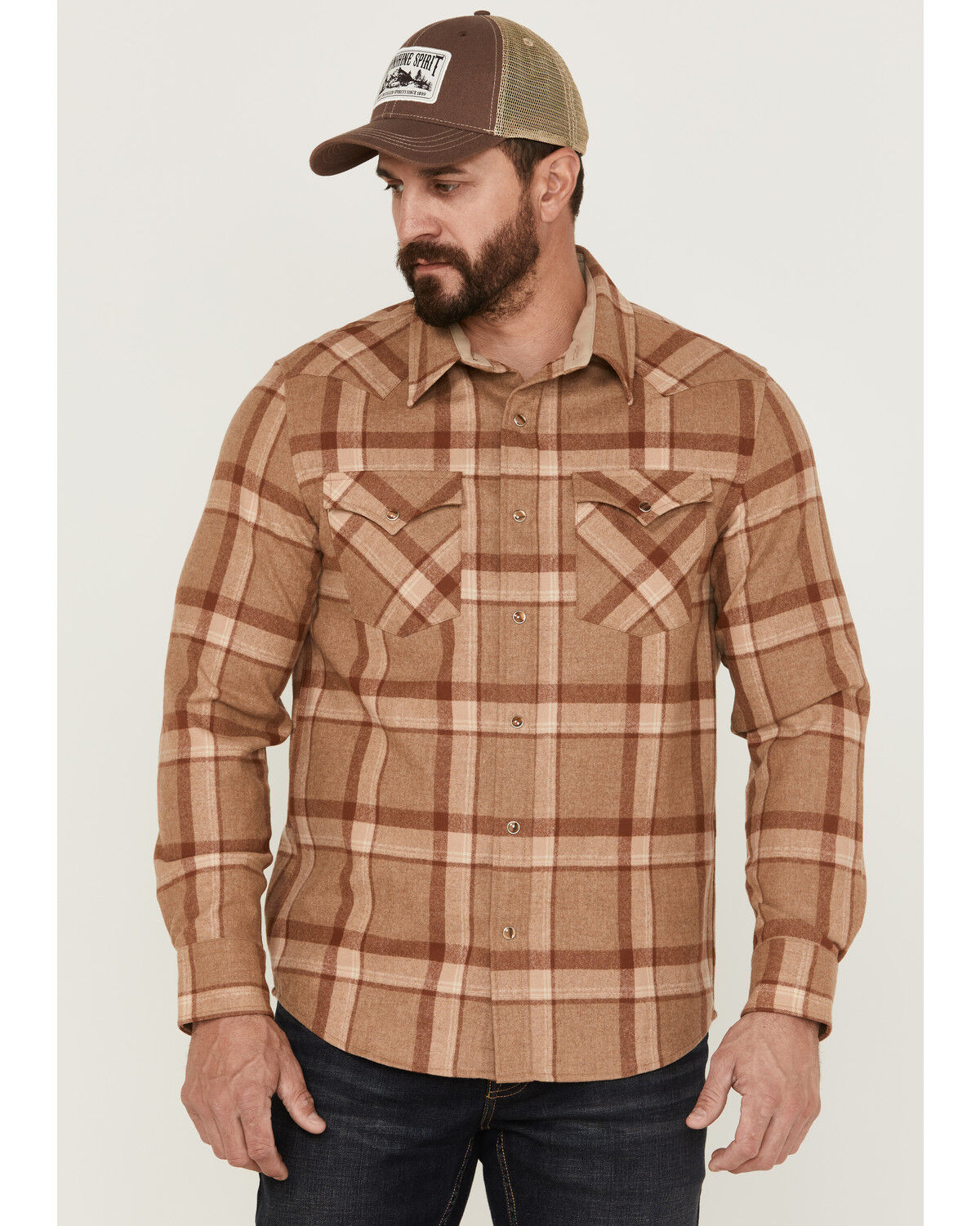 Image #1 - Pendleton Men's Canyon Plaid Pearl Snap Western Shirt, Tan, hi-res