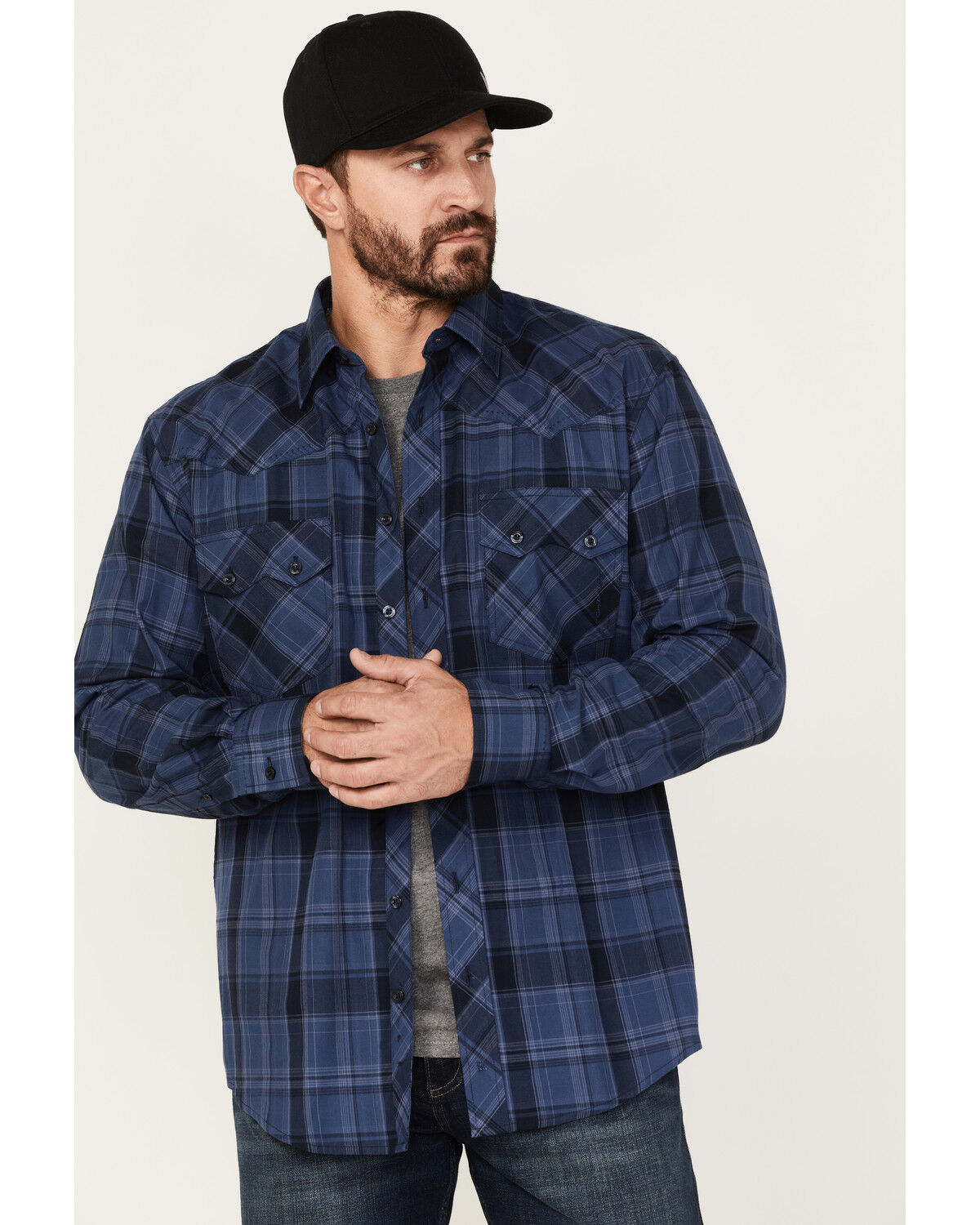 Image #1 - Resistol Men's Brooks Plaid Button Down Western Shirt, Dark Blue, hi-res