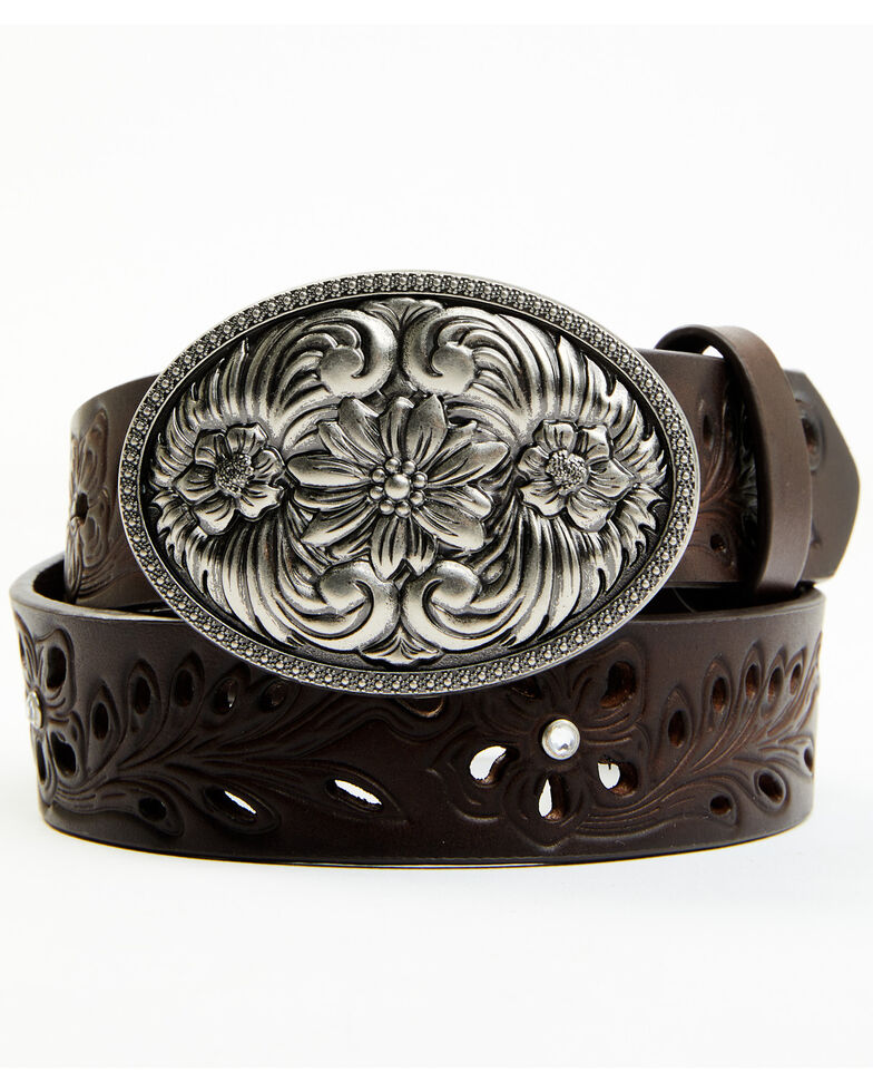 Shyanne Kids' Oval Floral Buckle Embroidered Cut Out Belt, Brown, hi-res