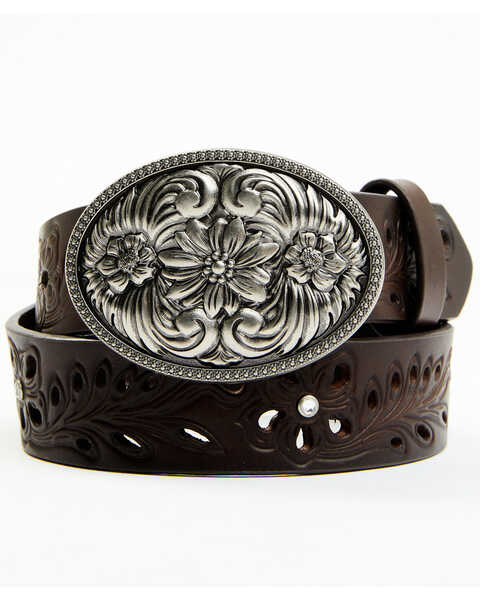 Shyanne Girls' Oval Floral Buckle Embroidered Cut Out Belt, Brown, hi-res