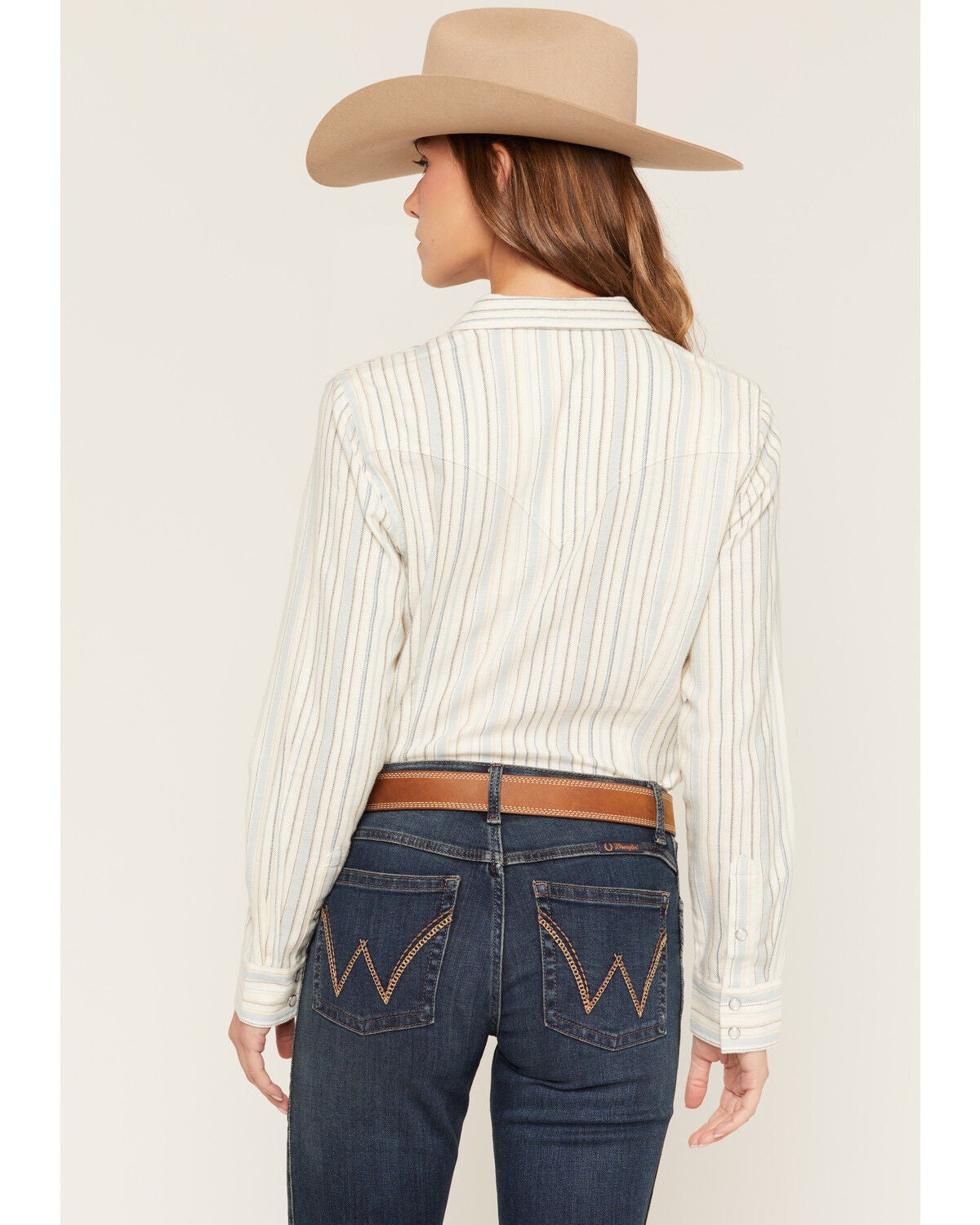 Image #4 - Wrangler Retro Women's Boot Barn Exclusive Striped Long Sleeve Pearl Snap Flannel Shirt, Blue, hi-res