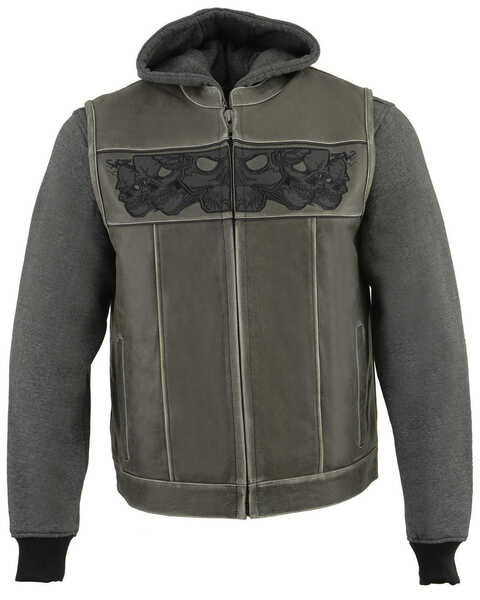 Image #1 - Milwaukee Leather Men's Leather Concealed Carry Vest with Reflective Skulls and Removeable Hoodie, Grey, hi-res