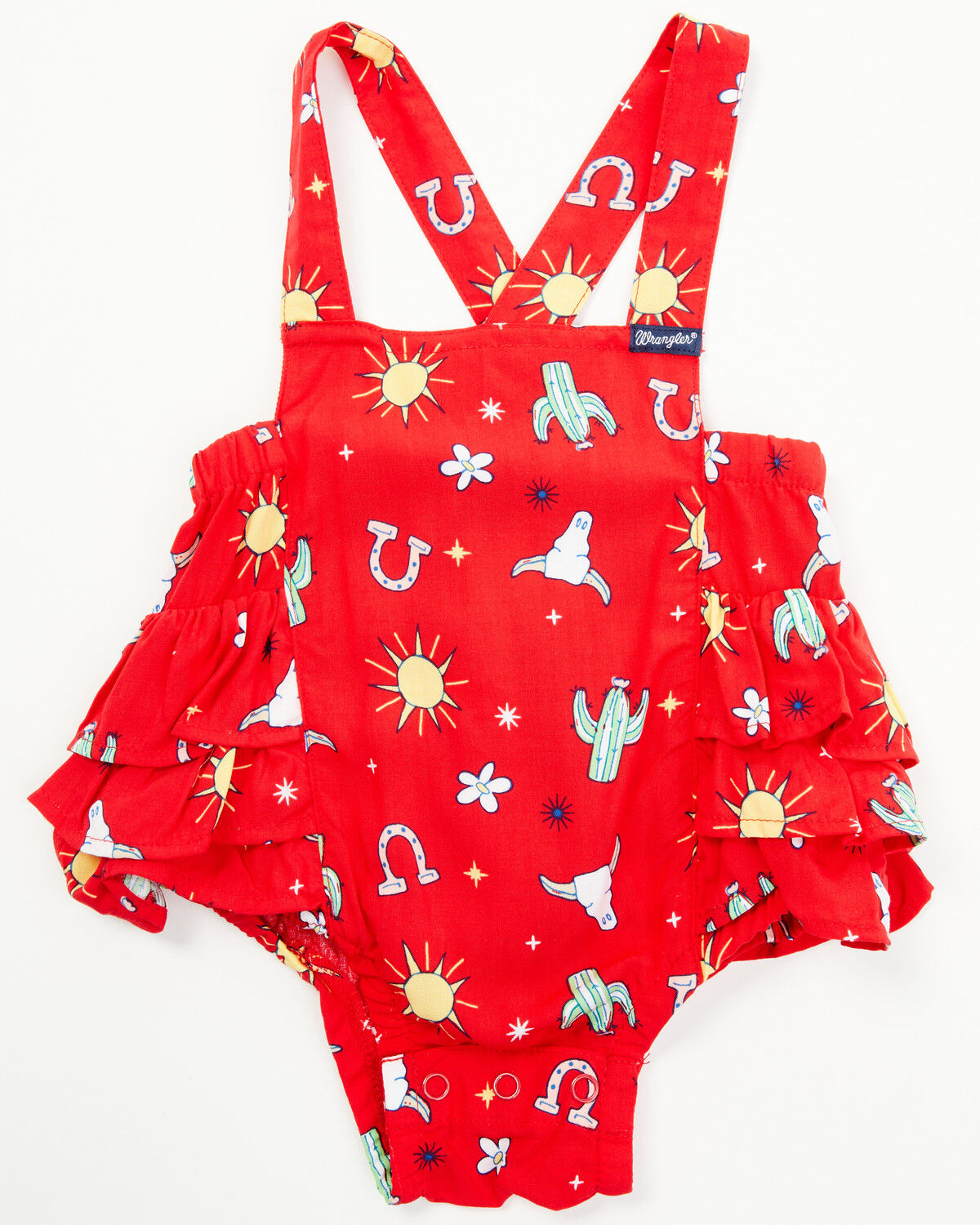 Image #1 - Wrangler Infant Girls' Conversation Print Ruffle Overalls, Red, hi-res