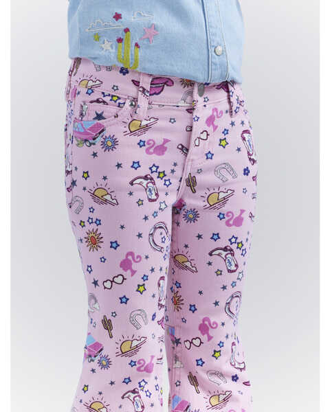 Image #2 - Wrangler® X Barbie™ Girls' Mid Rise Printed Stretch Trumpet Flare Jeans , Pink, hi-res