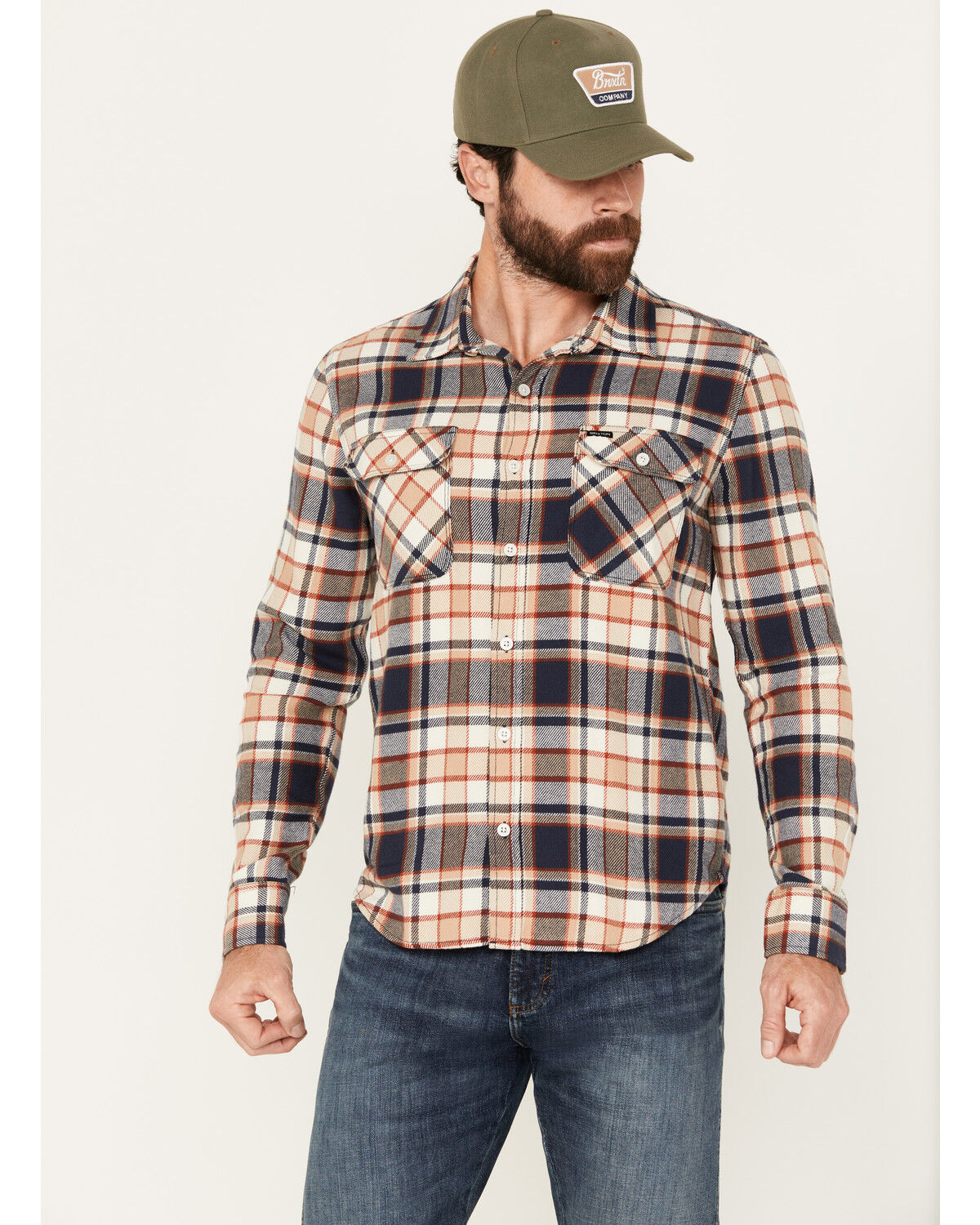 Image #1 - Brixton Men's Bowery Plaid Print Long Sleeve Button-Down Flannel Shirt, Navy, hi-res
