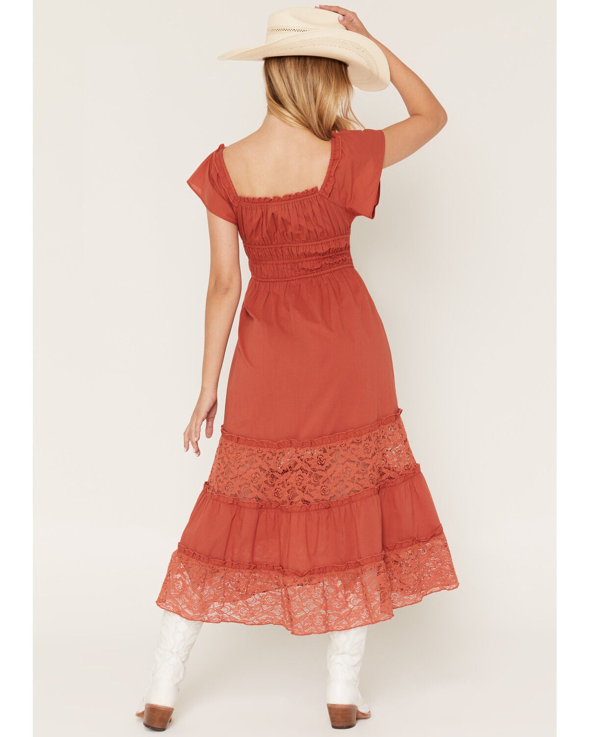Image #4 - Rosabelle Honey Women's Solid Lace Short Sleeve Midi Dress, Rust Copper, hi-res