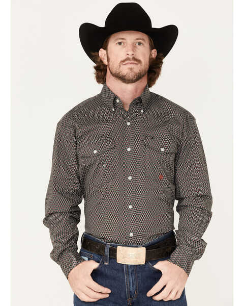 Image #1 - Roper Men's Geo Print Long Sleeve Button Down Stretch Western Shirt, Green, hi-res
