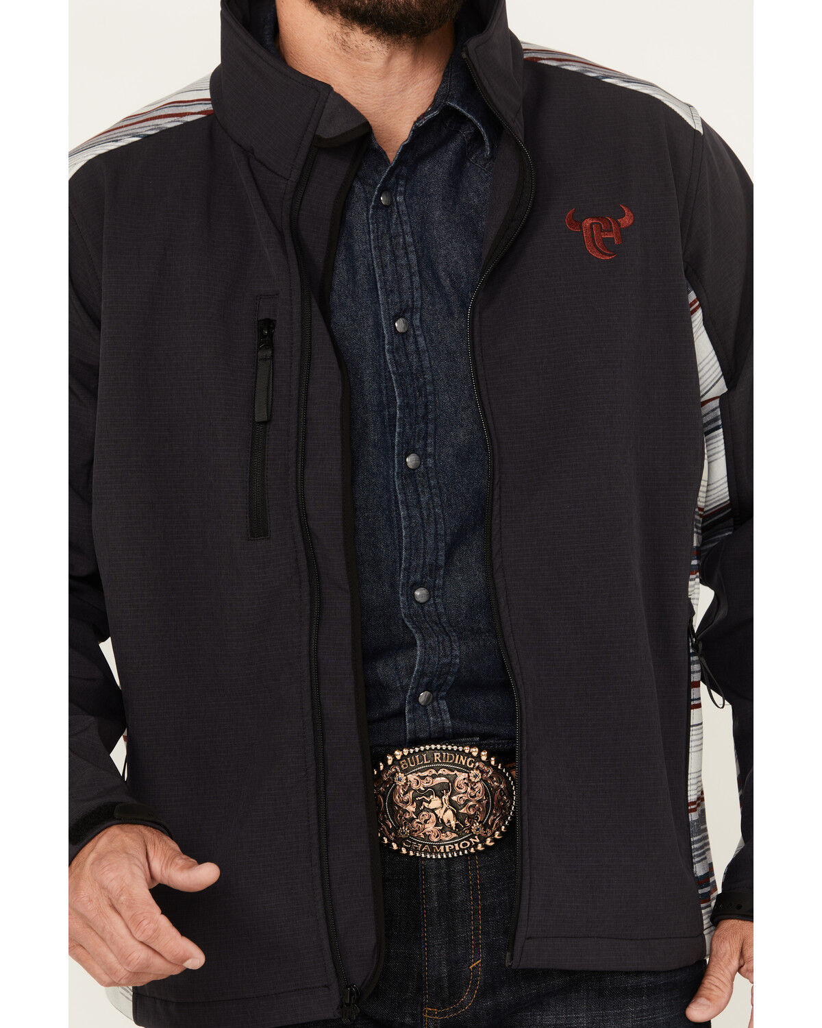 Image #3 - Cowboy Hardware Men's Serape Block Softshell Jacket, Dark Grey, hi-res
