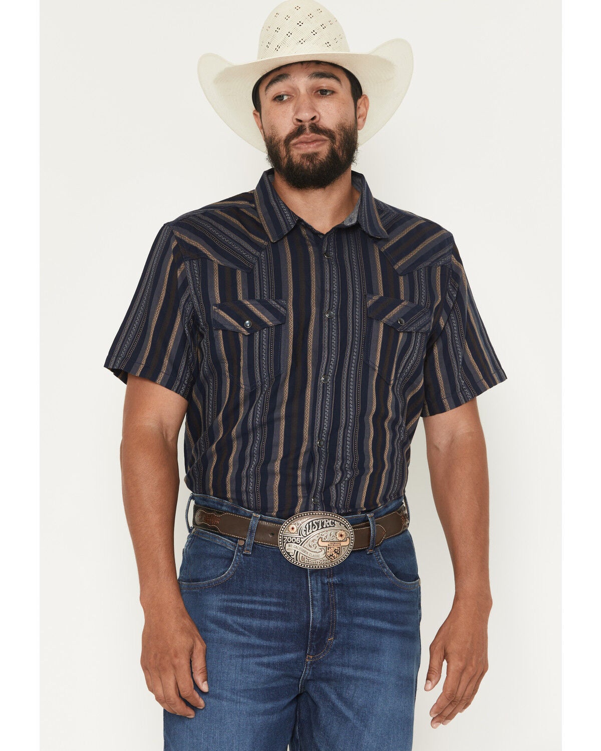 Cody James Men's Highland Rim Striped Print Short Sleeve Snap Western Shirt - Big, Navy, hi-res