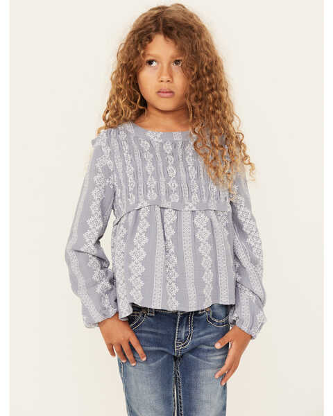 Image #1 - Hayden LA Girls' Printed Long Sleeve Woven Shirt , Blue, hi-res