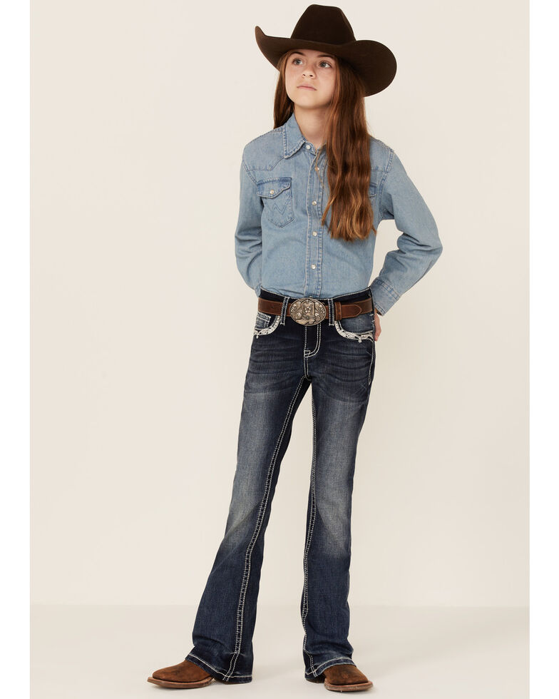 Grace In LA Girls' Dark Wash Embroidered Cross Pocket Bootcut Jeans , Blue, hi-res