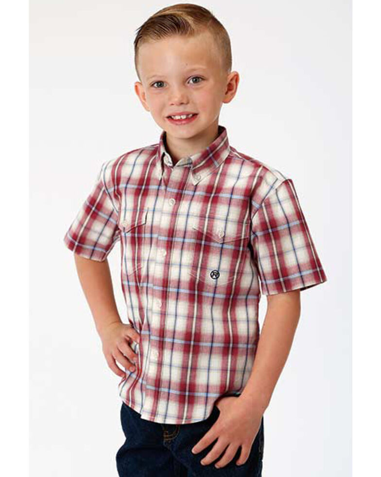  Amarillo Boys' Vintage Plaid Button Short Sleeve Western Shirt , Red, hi-res