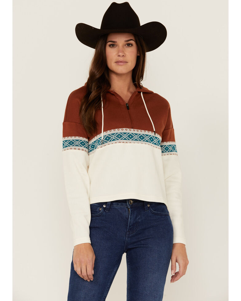 Rank 45 Women's Colorblock Half Zip Southwestern Hooded Pullover Sweatshirt, Ivory, hi-res