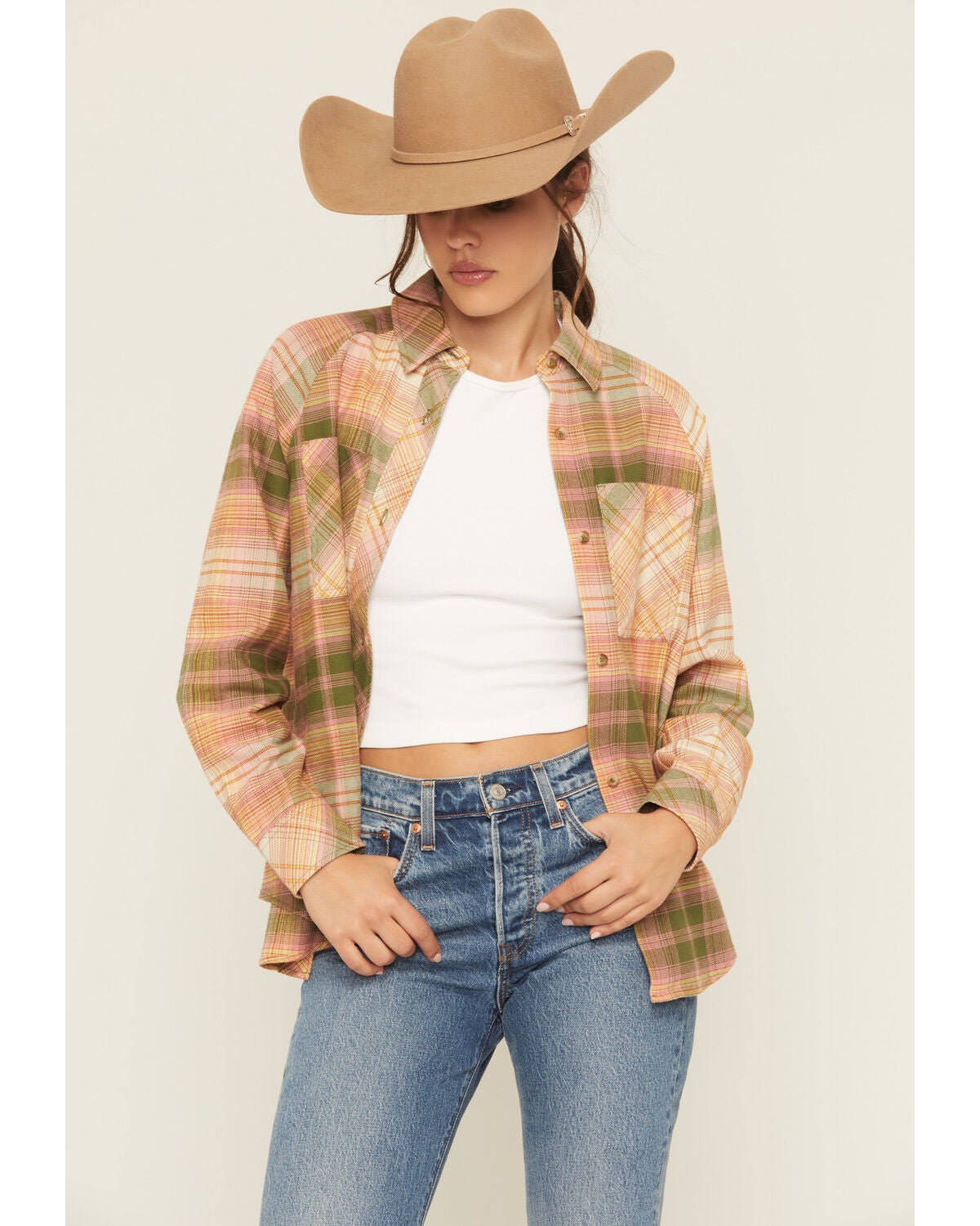 Cleo + Wolf Women's Plaid Print Long Sleeve Button-Down Flannel Shirt, Pink, hi-res