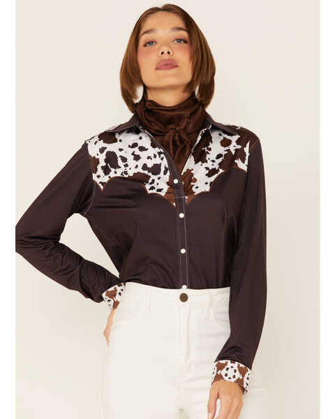 Ranch Dress'n Women's Cattle Drive Print Yoke Long Sleeve Snap Western Core Shirt , Brown, hi-res