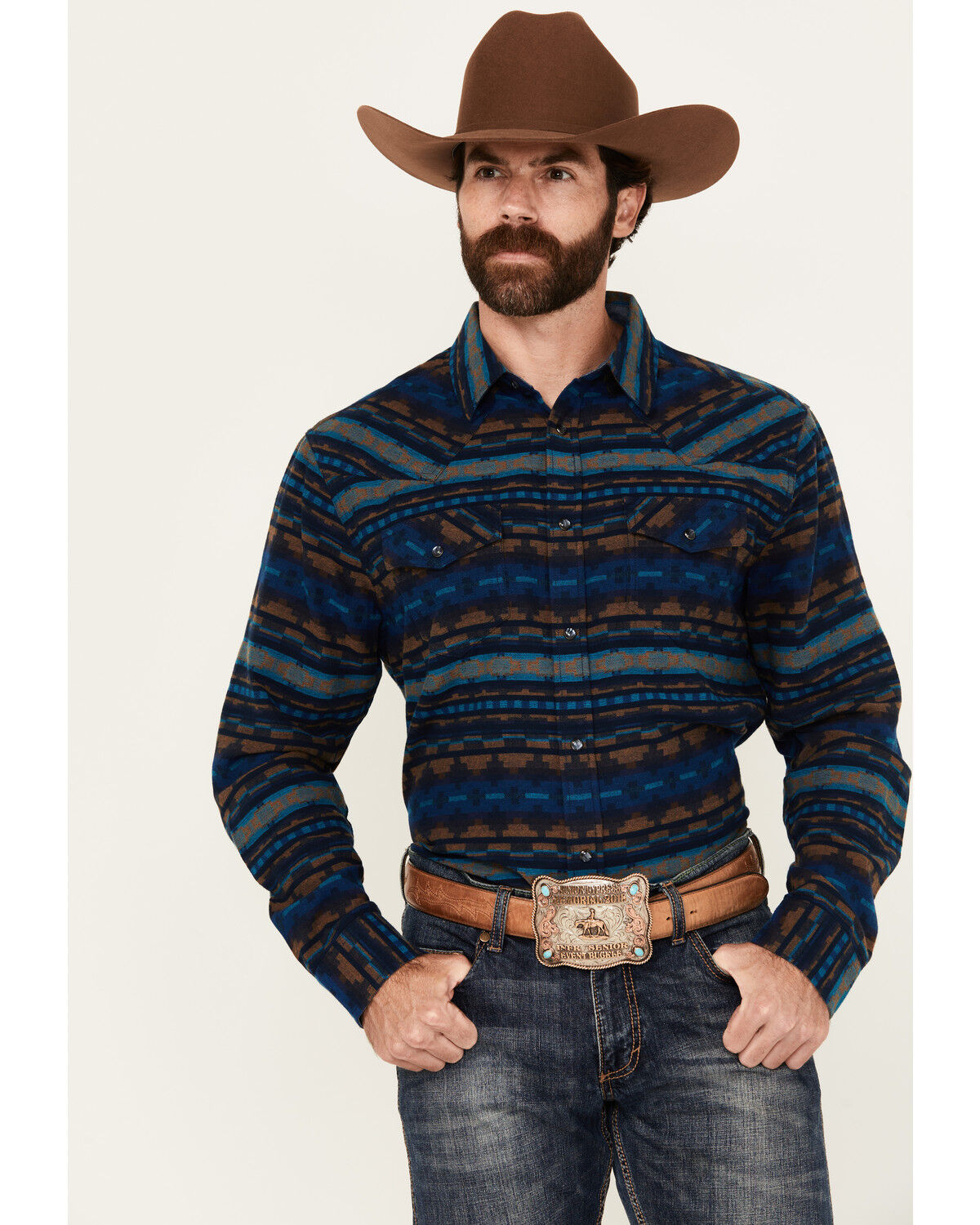Image #1 - Cody James Men's Detroit Southwestern Print Long Sleeve Snap Flannel Shirt, Navy, hi-res