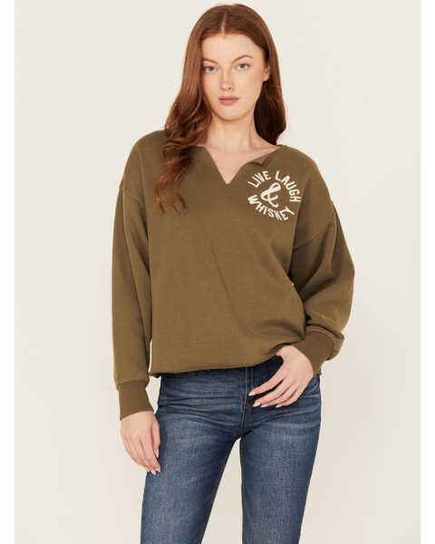 Image #1 - Cleo + Wolf Women's Live Laugh Whiskey Oversized Cropped Pullover, Sage, hi-res