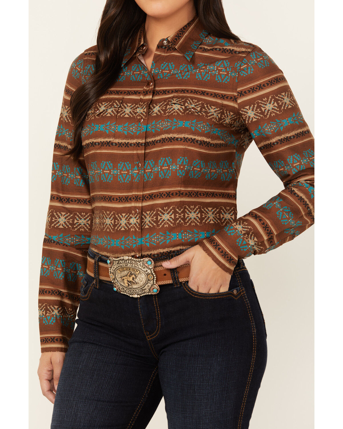 Image #3 - Roper Women's Southwestern Print Long Sleeve Snap Western Shirt, Brown, hi-res