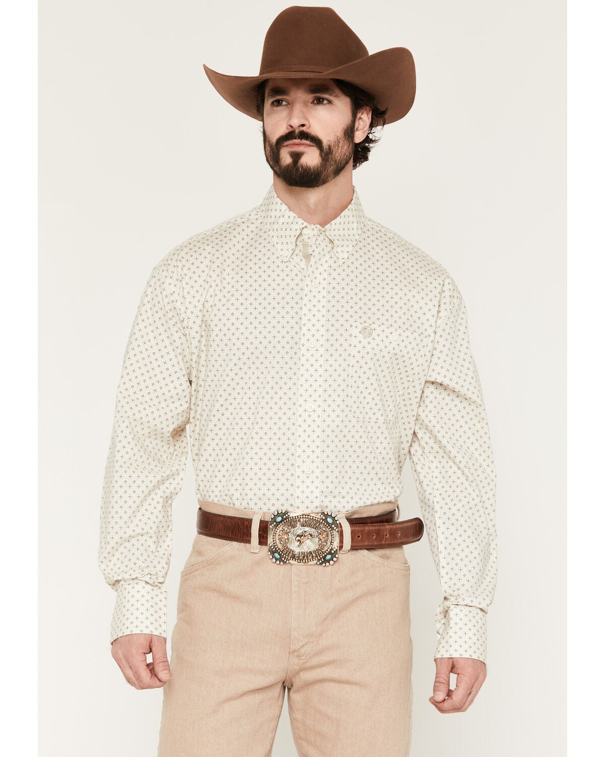 George Strait by Wrangler Men's Geo Print Long Sleeve Button-Down Stretch Western Shirt - Tall, Cream, hi-res