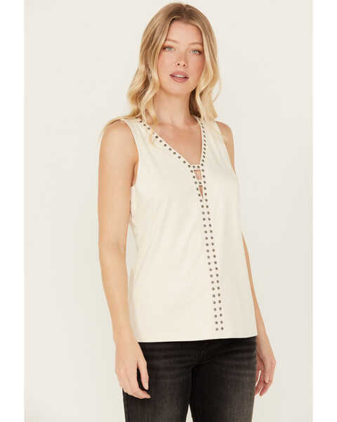 Image #1 - Idyllwind Women's Lilywood Beaded Front Faux Suede Tank Top, Off White, hi-res