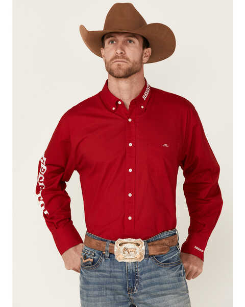 Resistol Men's Solid Logo Embroidered Long Sleeve Button Down Western Shirt , Red, hi-res