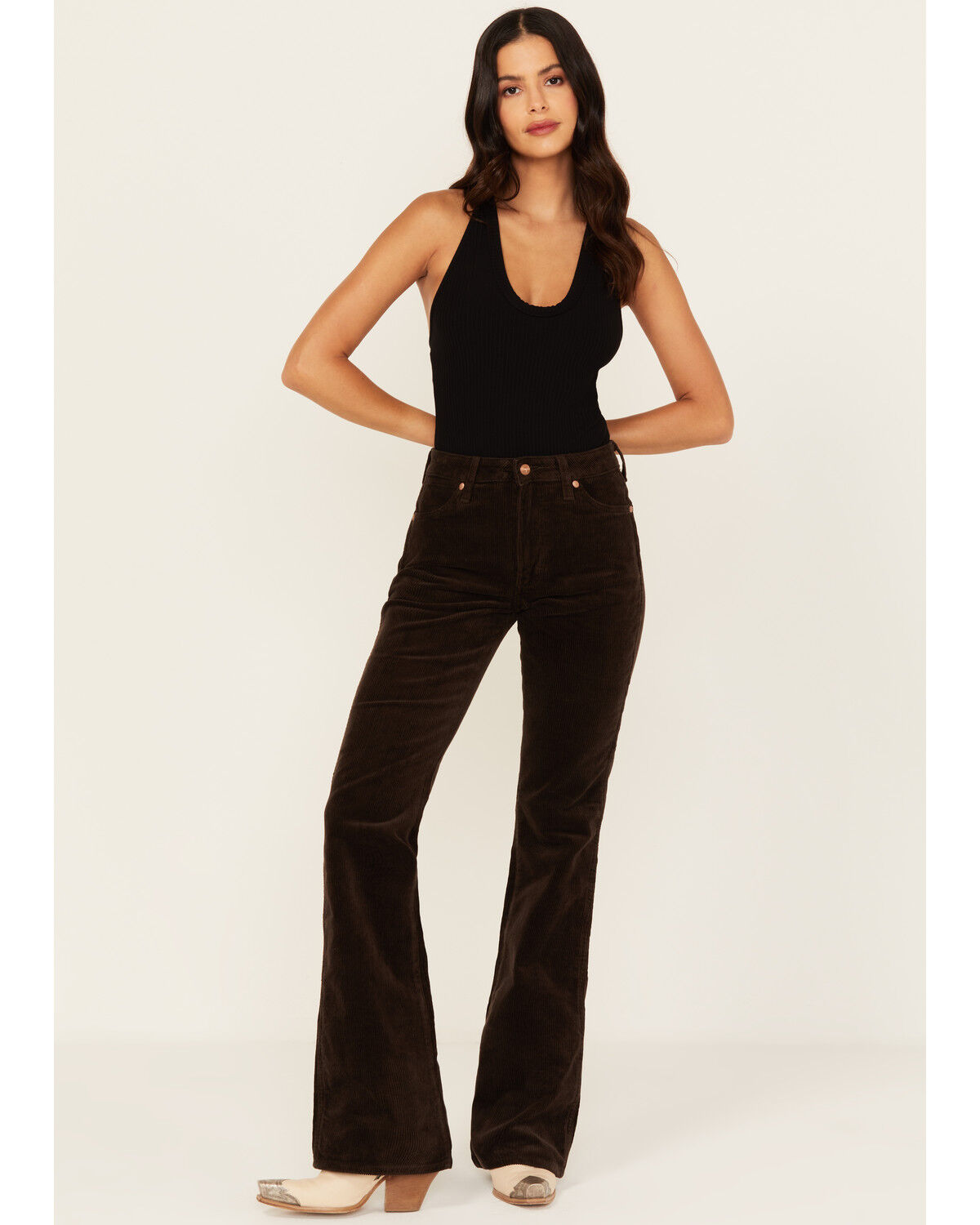 Image #1 - Wrangler Women's Mole Corduroy Westward Mid Rise Bootcut Stretch Denim Jeans, Brown, hi-res