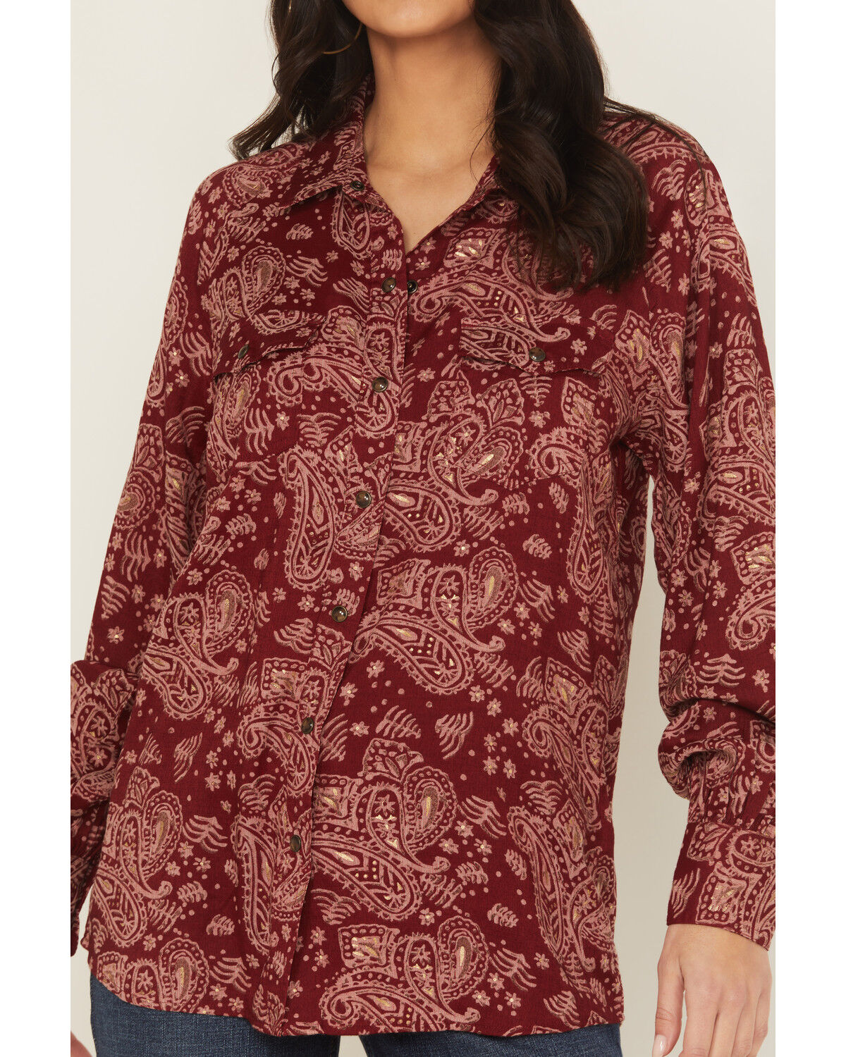 Image #3 - Ariat Women's Paisley Print Long Sleeve Snap Stretch Western Shirt, Burgundy, hi-res