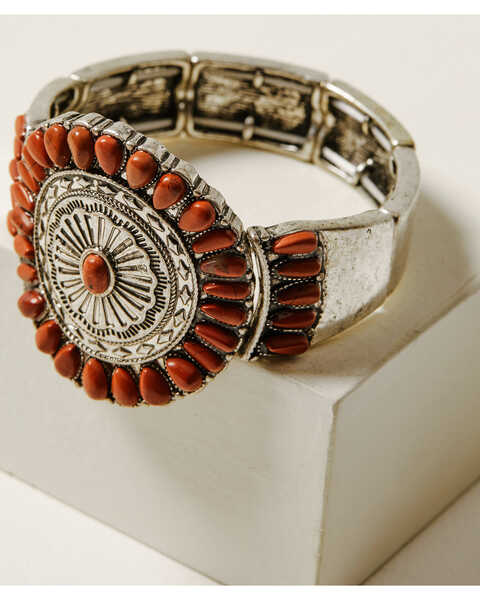 Image #1 - Shyanne Women's Canyon Sunset Red Concho Stretch Bracelet, Silver, hi-res