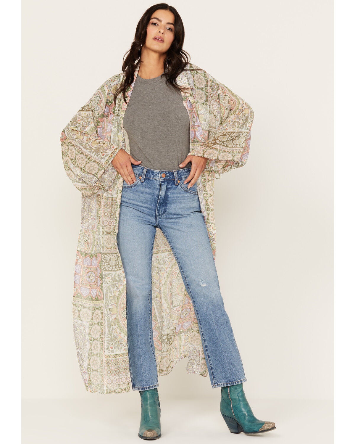 Shyanne Women's Printed Woven Kimono, Sage, hi-res
