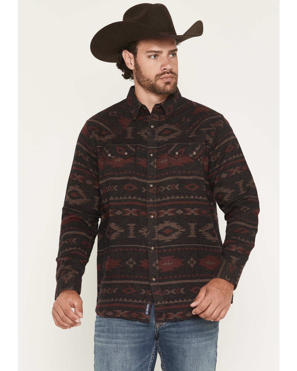 Image #1 - Moonshine Spirit&reg; Men's Antler Southwestern Print Long Sleeve Snap Flannel Shirt, Burgundy, hi-res