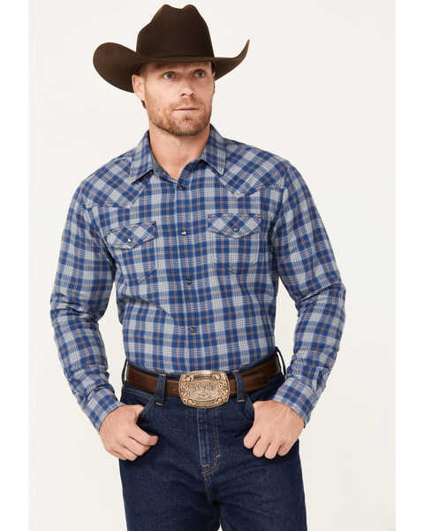 Image #1 - Cody James Men's Plaid Print Long Sleeve Pearl Snap Western Shirt - Big , Dark Blue, hi-res