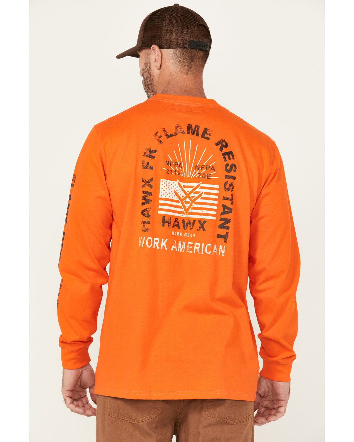 Image #1 - Hawx Men's FR Work American Long Sleeve Graphic Work T-Shirt, Orange, hi-res