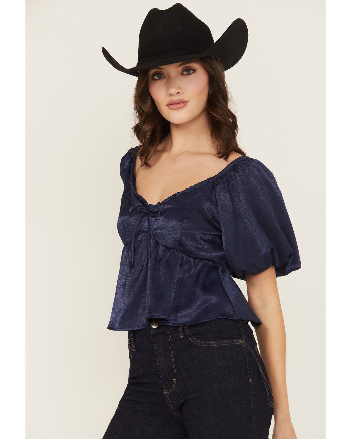 Image #2 - Shyanne Women's Solid Puff Sleeve Top, Navy, hi-res