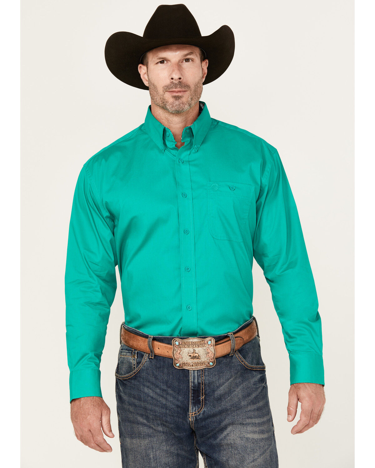 Image #1 - George Strait by Wrangler Men Solid Long Sleeve Button-Down Stretch Western Shirt, Green, hi-res