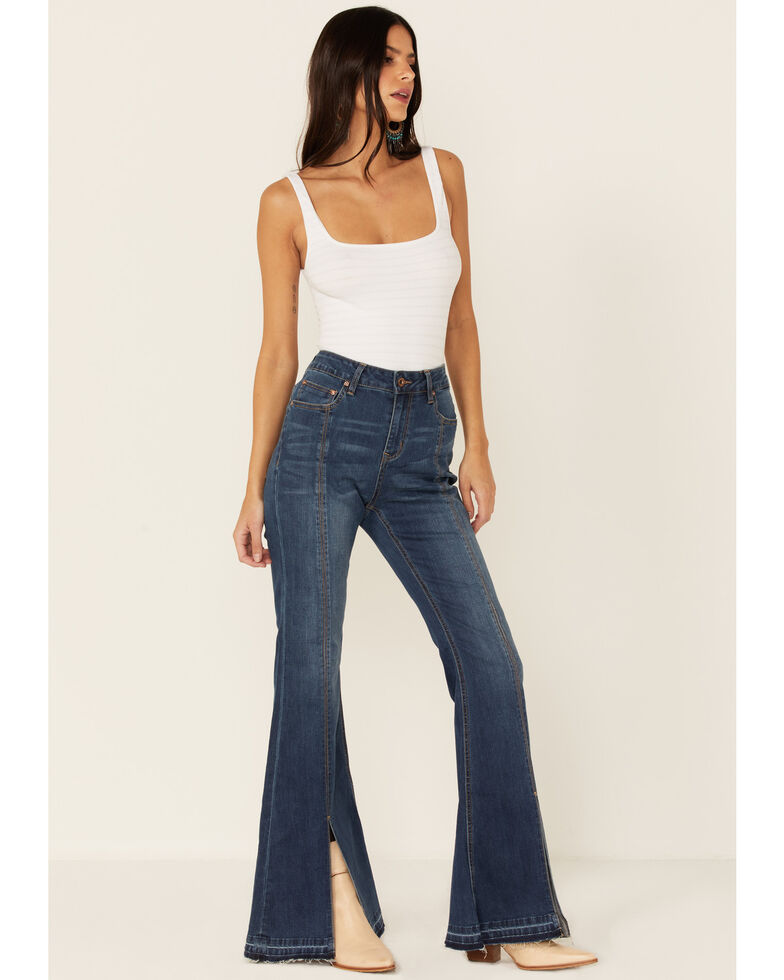 Grace in LA Women's High Rise Split Bottom Flare Denim Jeans, Blue, hi-res