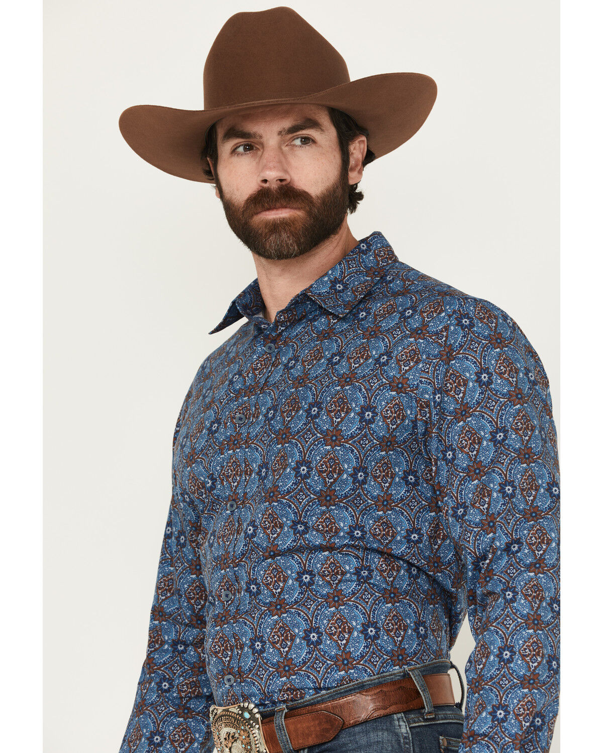 Image #2 - Gibson Trading Co Men's City Limits Medallion Print Long Sleeve Button-Down Stretch Western Shirt, Blue, hi-res