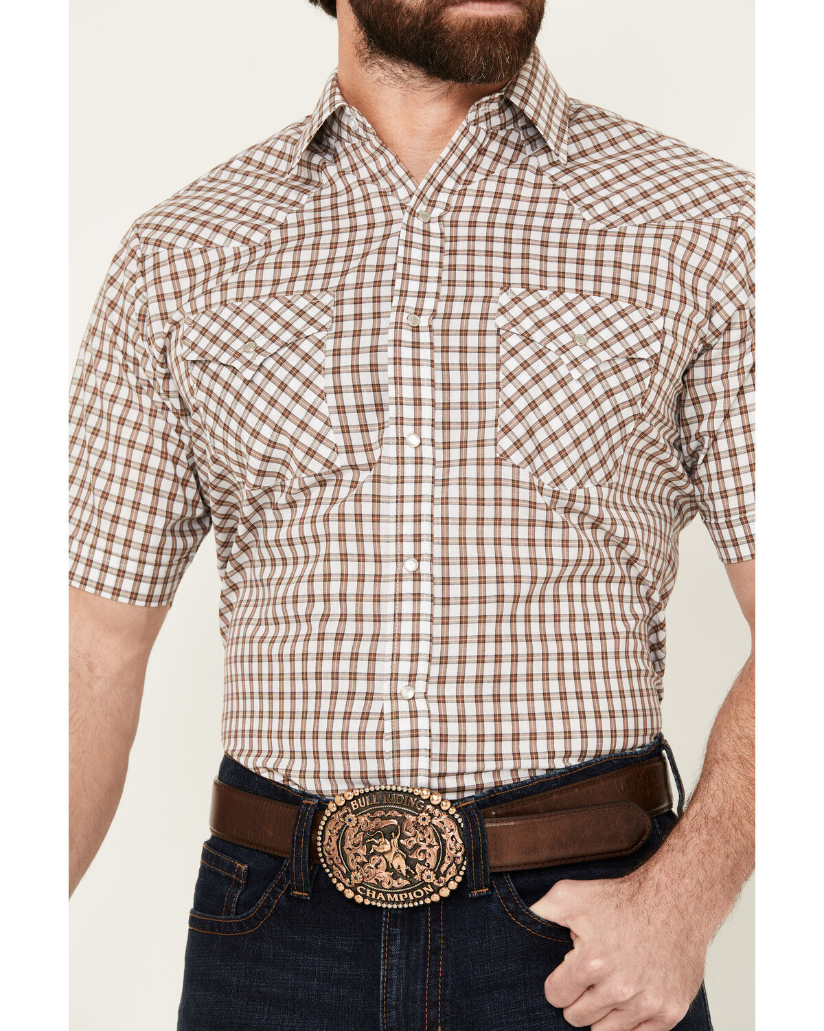 Image #3 - Ely Walker Men's Checkered Print Short Sleeve Snap Western Shirt, Brown, hi-res