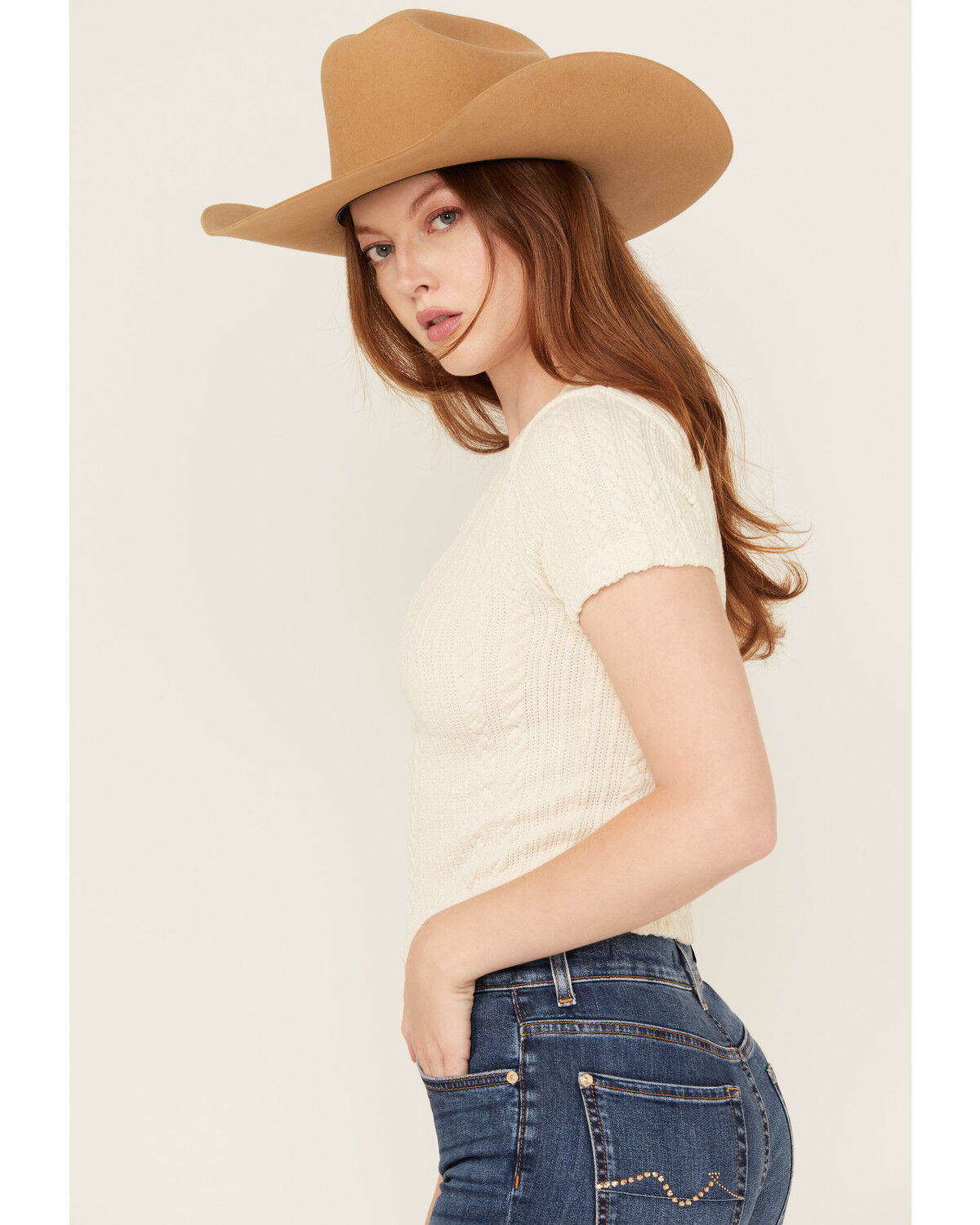 Image #2 - Evergreen Women's Cable Rib Short Sleeve Top, Tan, hi-res