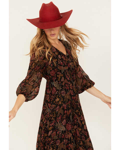 Image #2 - Angie Women's Floral Pleated Long Sleeve Dress, Black, hi-res