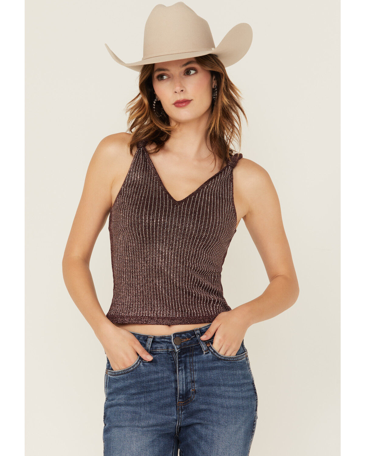 Image #1 - Miss Me Women's Rhinestone Knotted Sleeveless Tank Top, Burgundy, hi-res