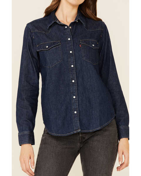 Levi's Women's Dark Wash Long Sleeve Pearl Snap Western Denim Shirt , Dark Blue, hi-res