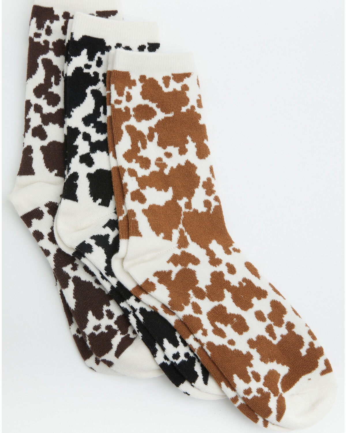 Image #1 - Boot Barn Women's Scout Cow Print Crew Socks - 3 Pack, Brown, hi-res